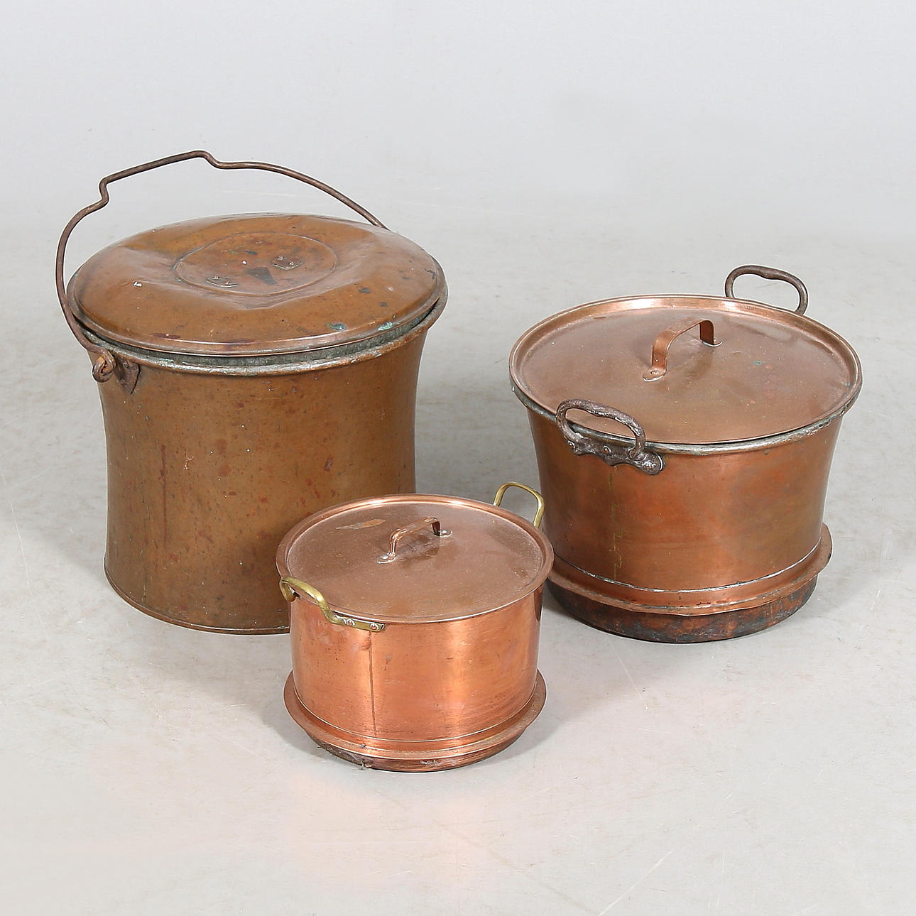 HINK, samt, KASTRULLER, 3 delar, koppar, 18/1900-tal.