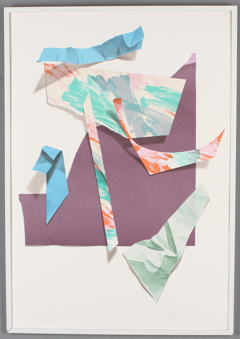 YRJÖ EDELMANN. Pappersbitar. Färglitografi, signerad och numrerad 4/150.