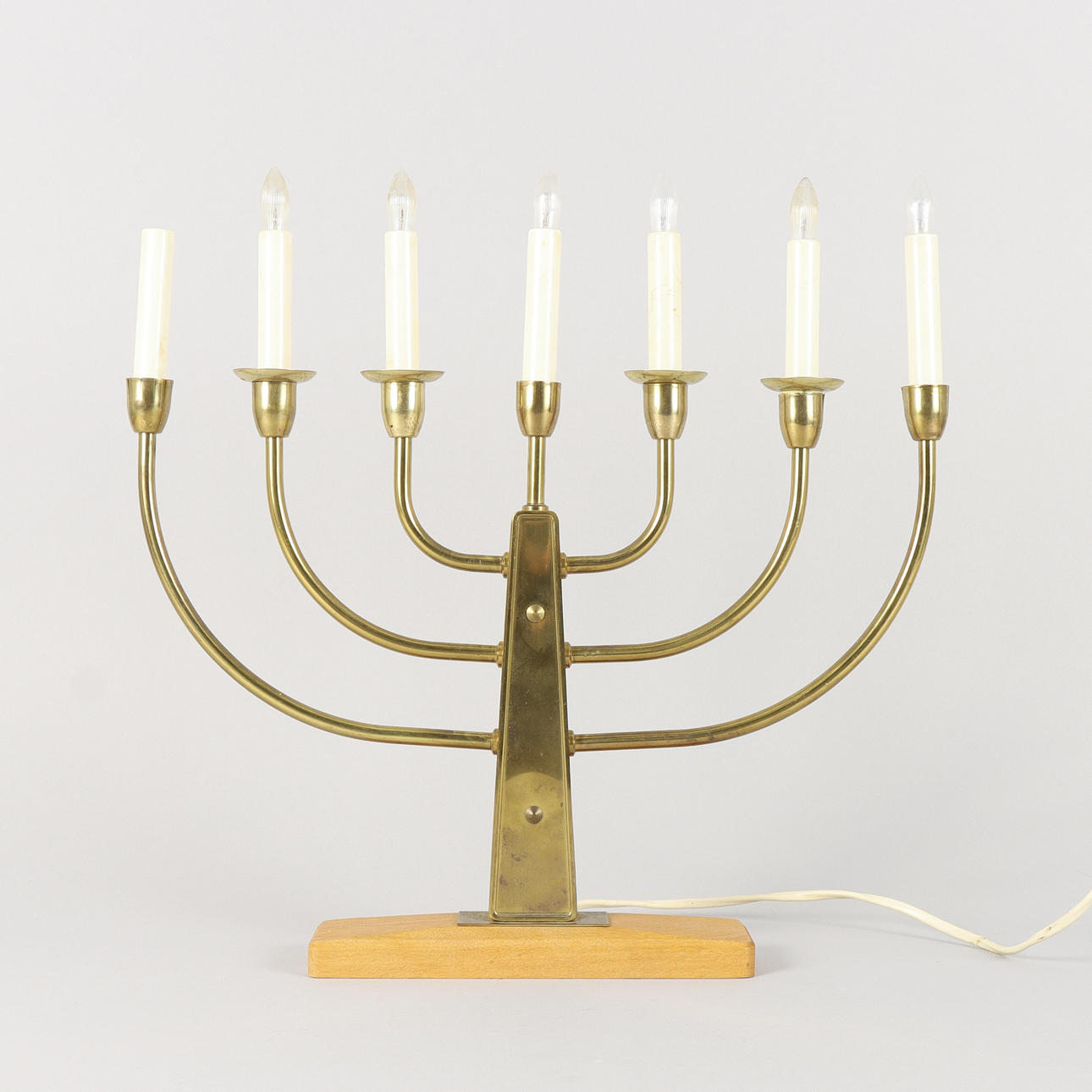 CANDLESTICK electric, brass and oak.