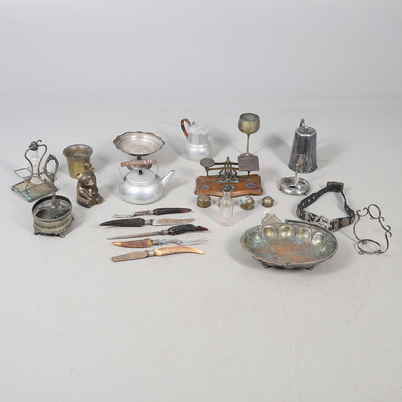 SILVER PLATE, METALWARE & BRONZE MORTAR.