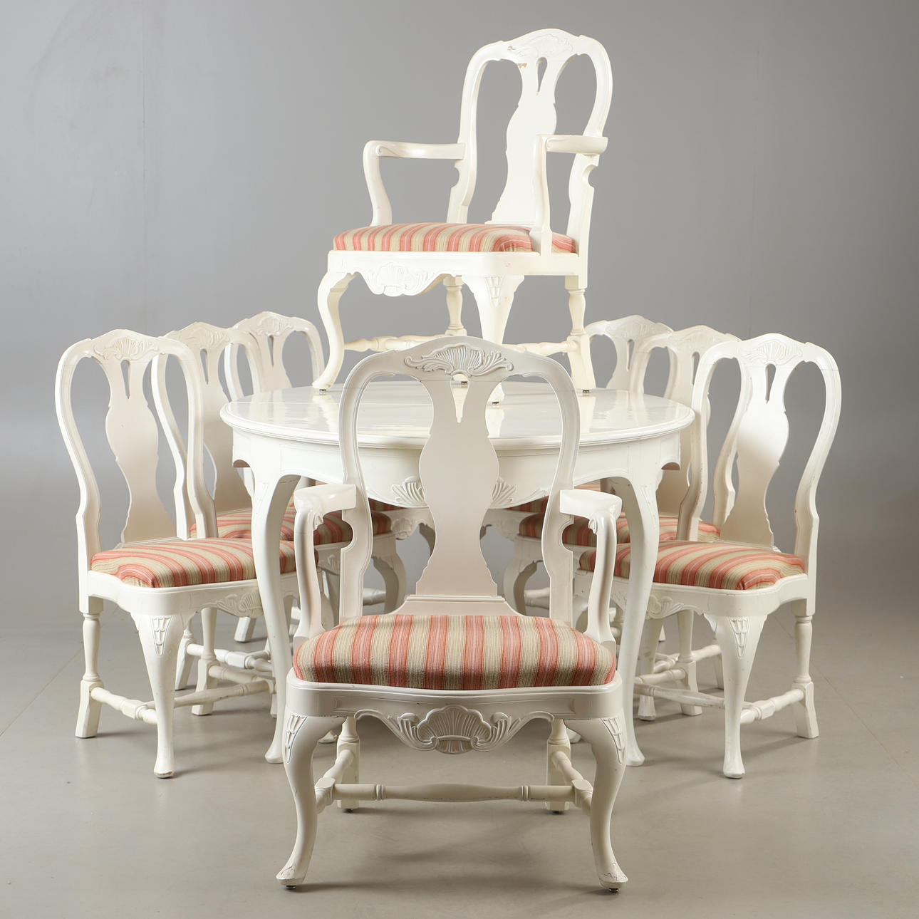 DINING SET, 9 pieces, white-painted, Rococo style.