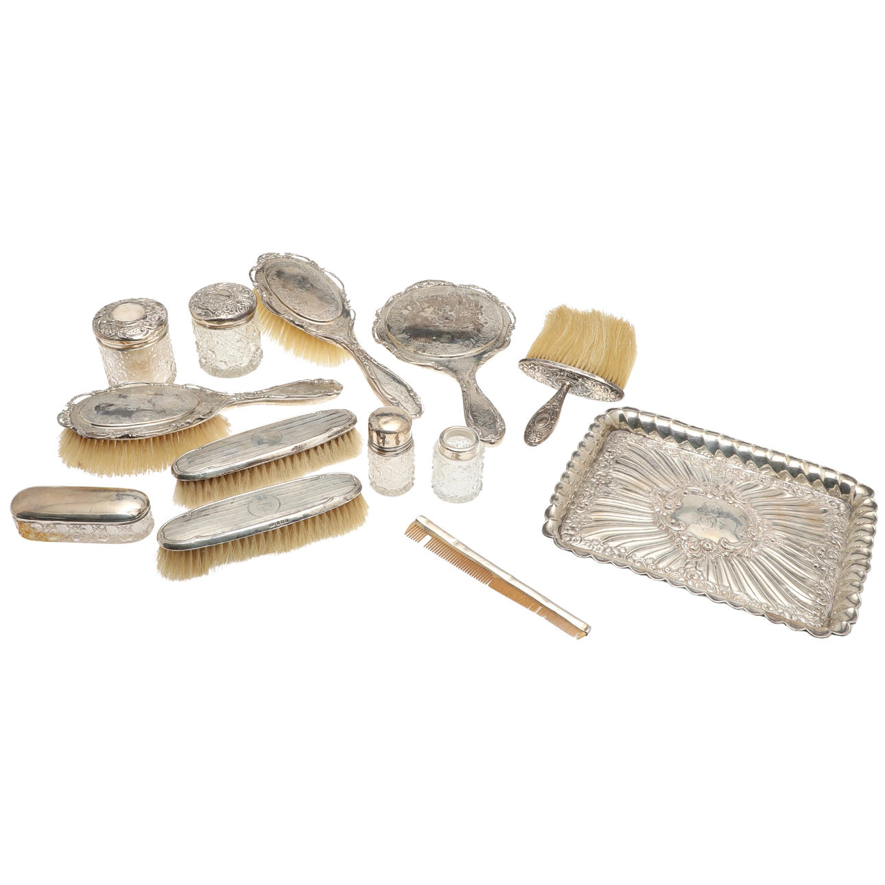 A MIXED LOT OF SILVER DRESSING TABLE ITEMS.