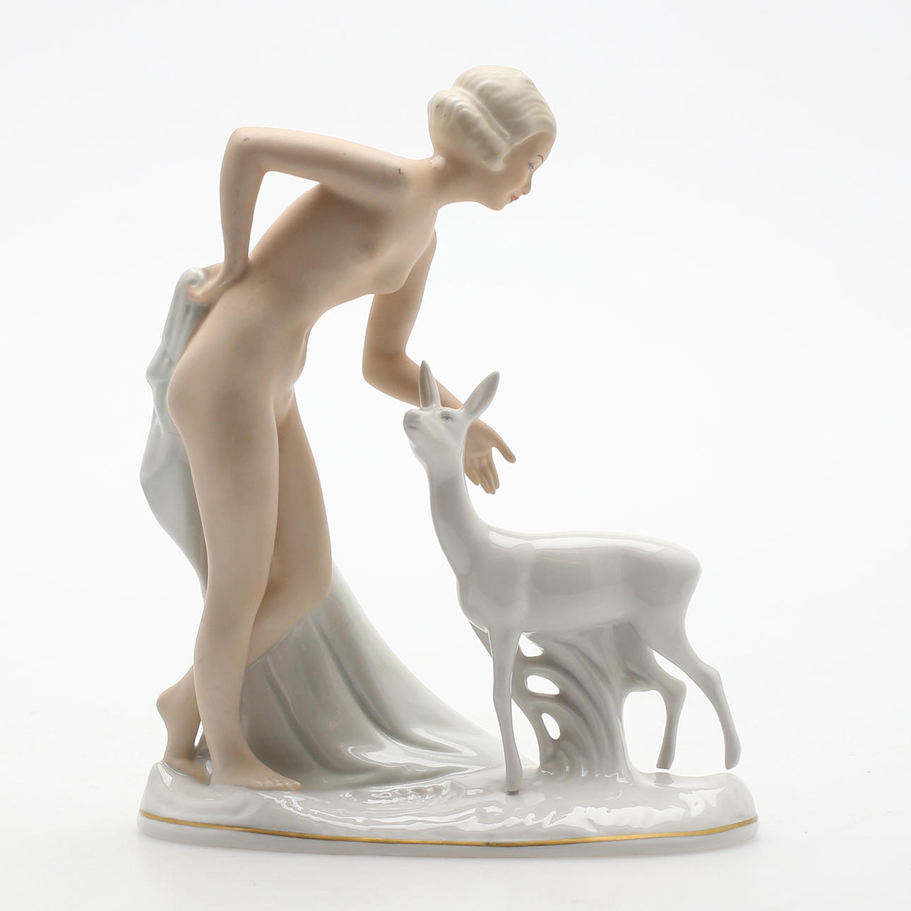 FIGURIN, porslin, Kvinna med Hjort, Schaubachkunst, Tyskland.