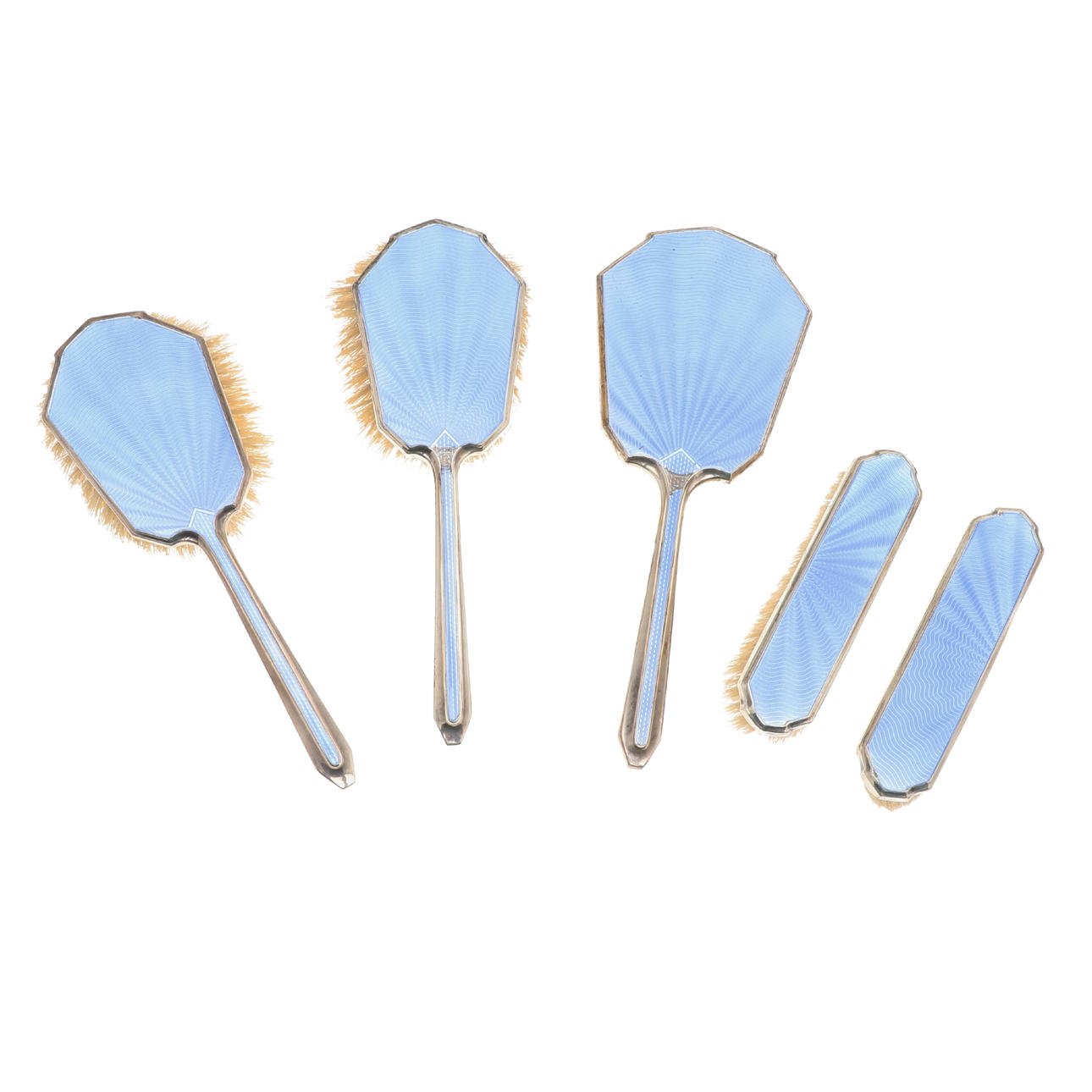 A SILVER AND BLUE ENAMEL FIVE PIECE DRESSING TABLE SET.