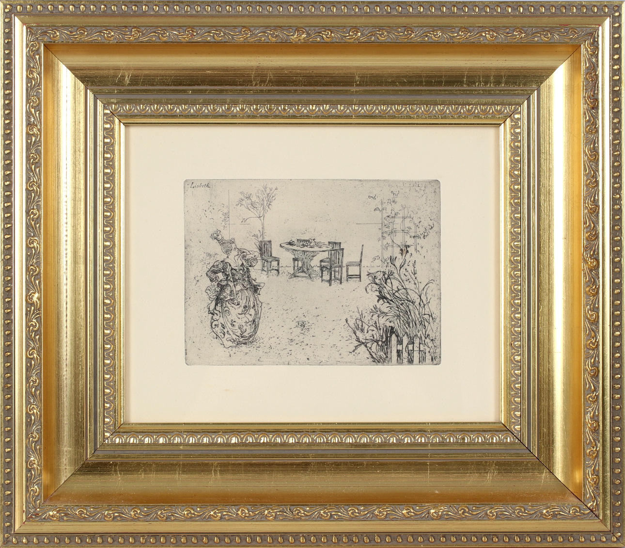 CARL LARSSON. "Lisbeth spelar teater", etching, unsigned.