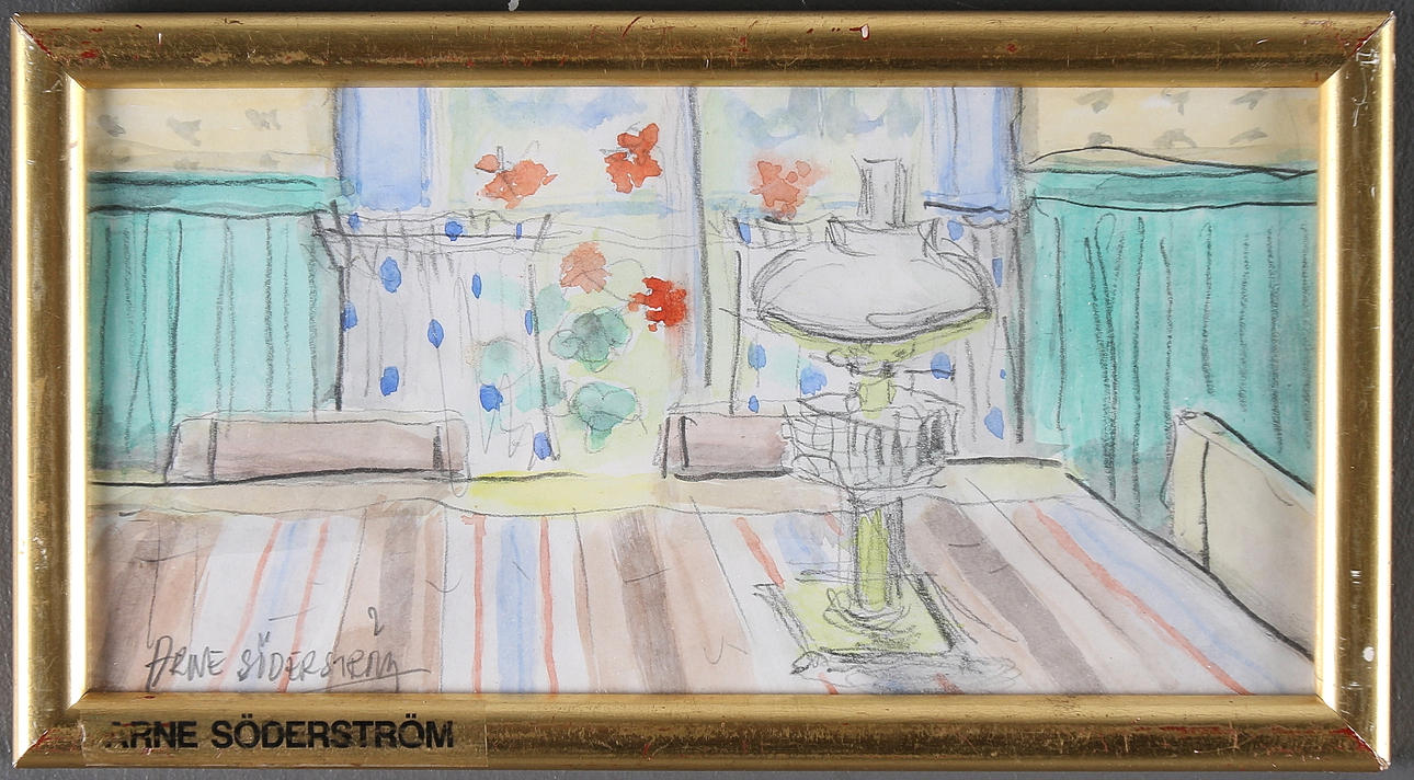 ARNE SÖDERSTRÖM. Interiör, akvarell, signerad.