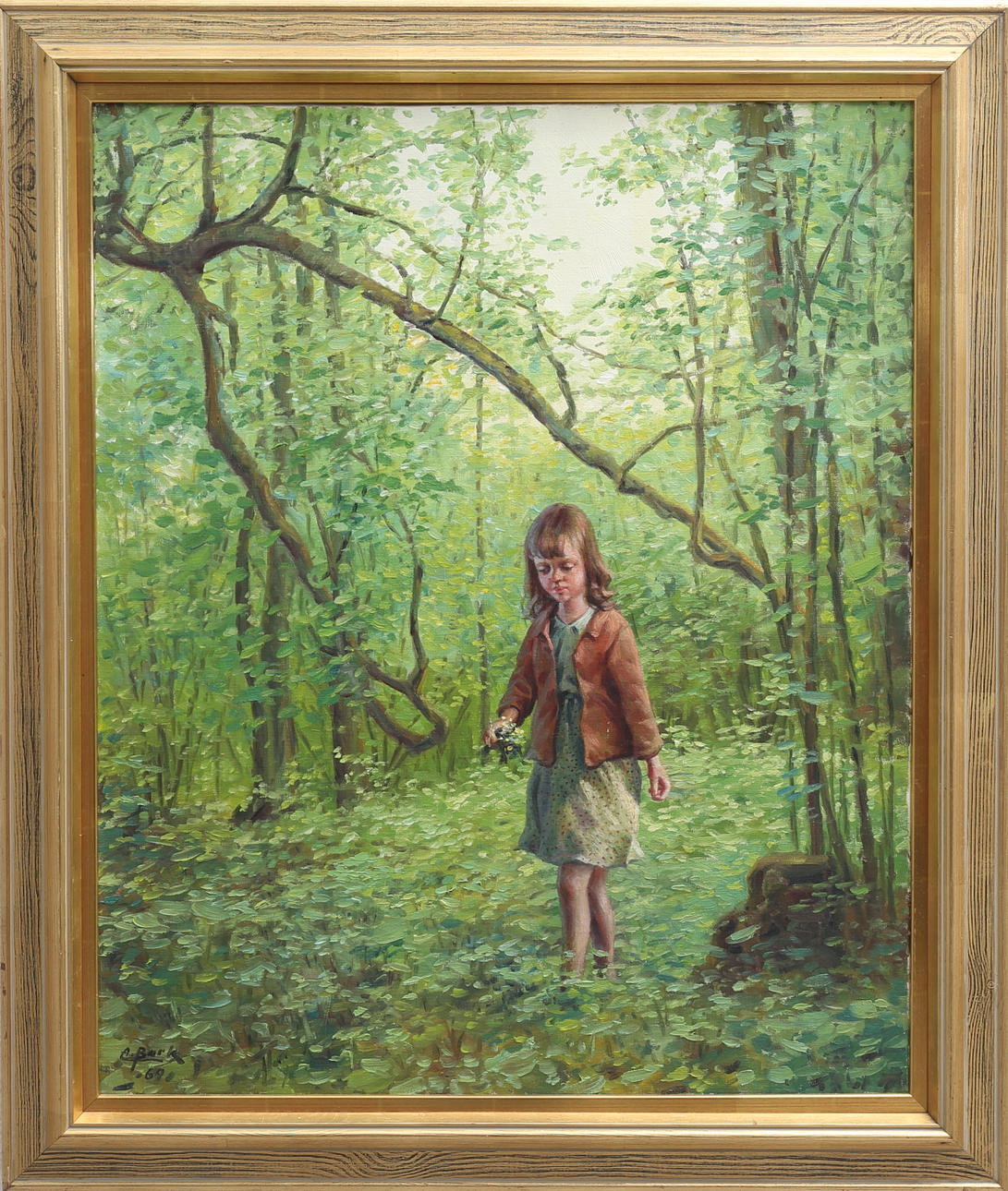 ARNE BARK. Flicka i vårskog. Olja på duk, signerad och daterad 69.