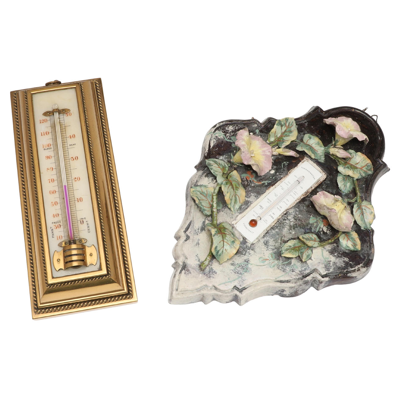 CONTINENTAL POTTERY WALL PLAQUE/THERMOMETER & ANOTHER THERMOMETER.