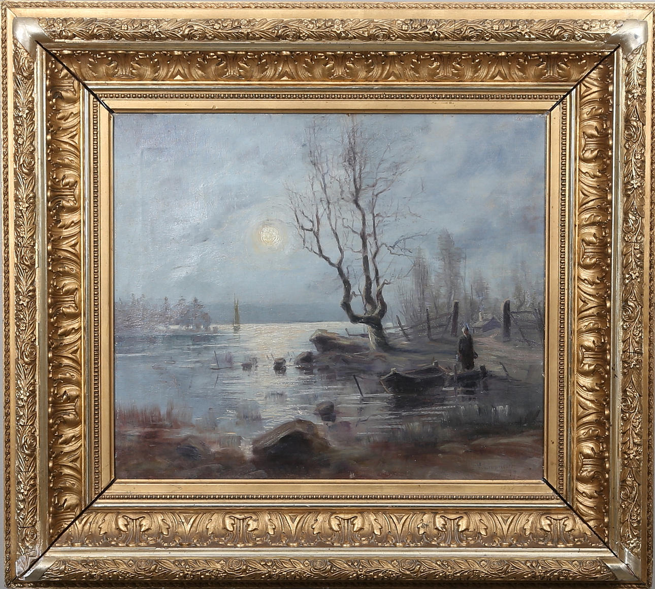 VALTER LINDHOLM. Månbelyst figur vid vattendrag. Olja på duk. Signerad samt otydligt daterad 99.