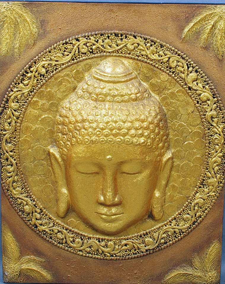 VÄGGRELIEF, förgylld, Buddahhuvud, 2000-tal.