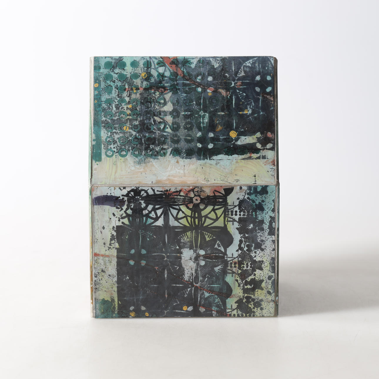 LOTTA SÖDER. sculpture, painted & screen-printed glass on wooden frame, signed & dated 2019.