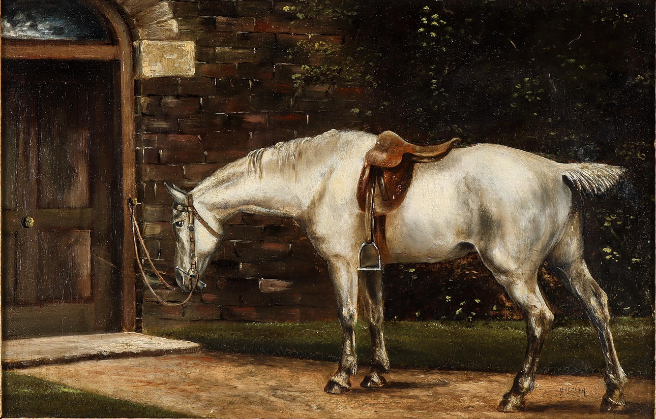 OIDENTIFIERAD KONSTNÄR, Häst utanför port, 1884.