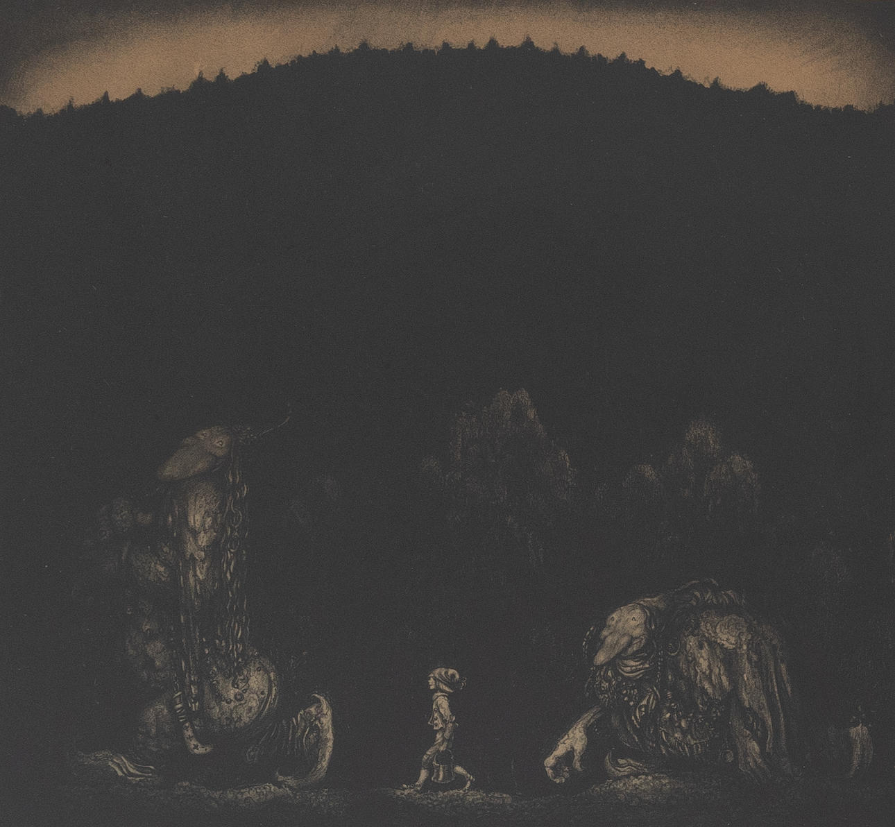 JOHN BAUER. "Pojke och två troll", from Troll, lithograph, unsigned.
