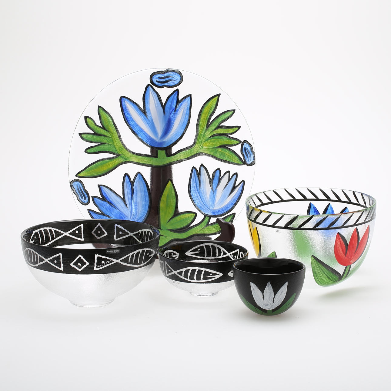 FAT, SKÅLAR, 5 delar, glas, Ulrica Hydman Vallien, Kosta Boda, signerade i dekor.