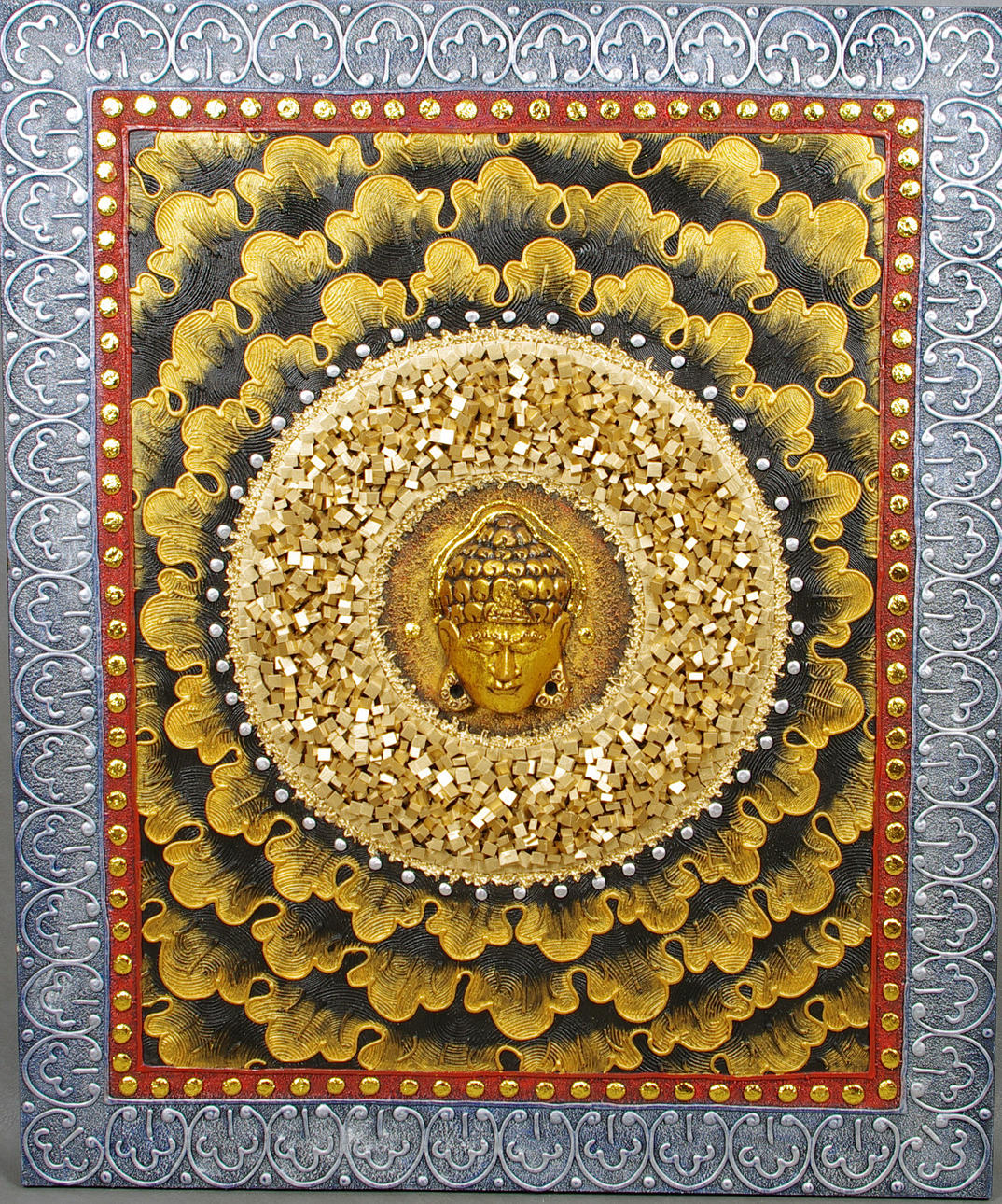 VÄGGRELIEF, förgylld, Buddahhuvud, 2000-tal.