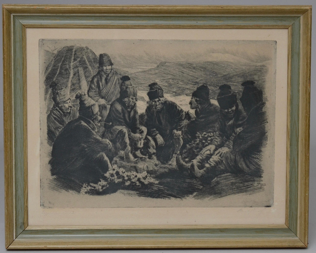 EMIL ÅBERG. ETSNING, samer vid lägereld.