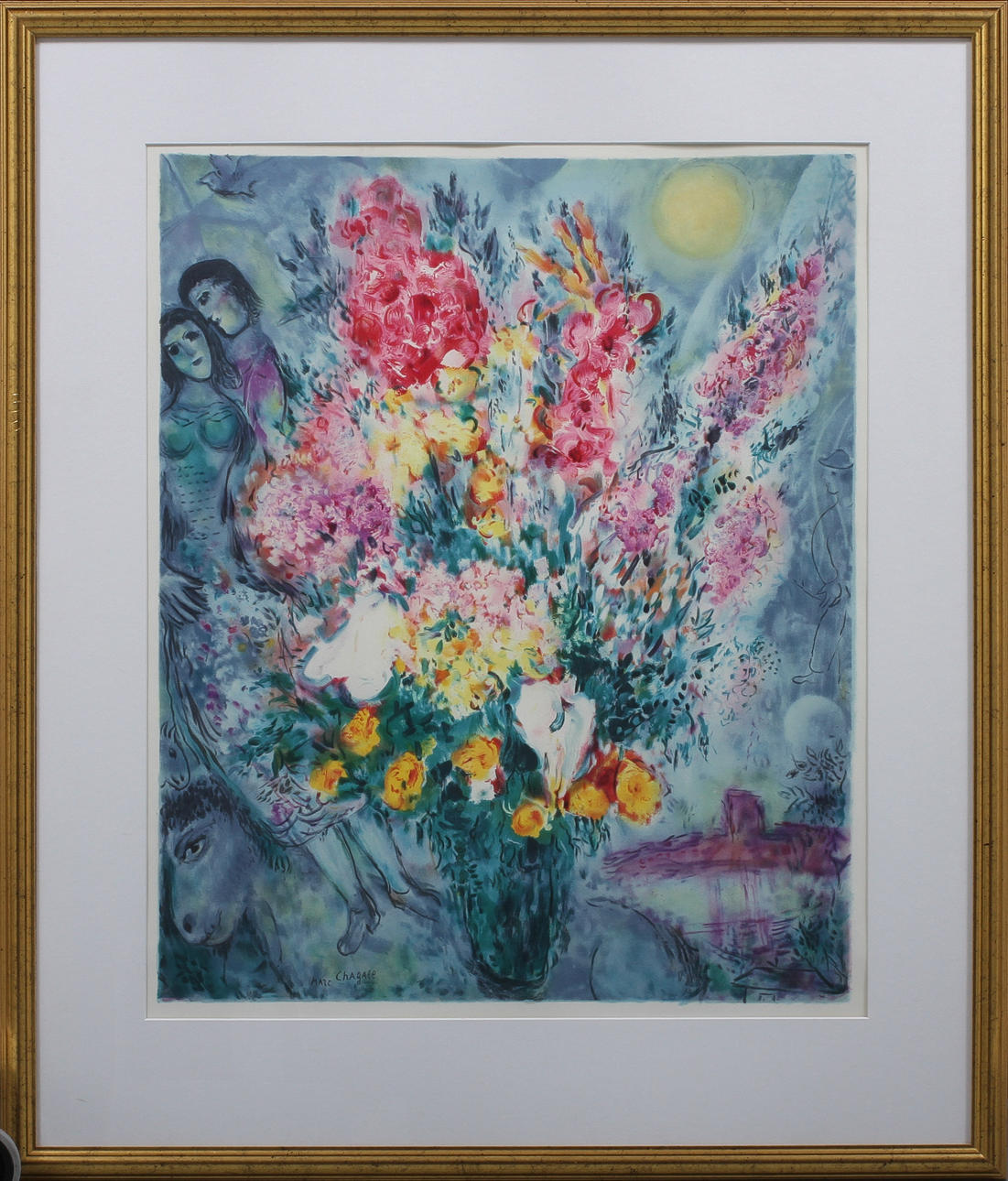MARC CHAGALL. efter, blombukett och figurer, litografi.