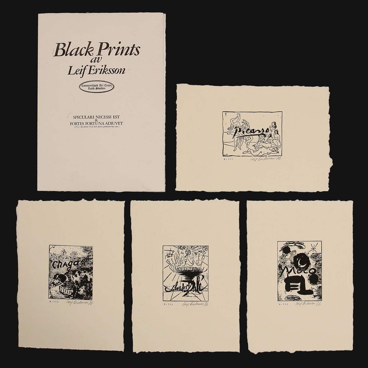 LEIF ERIKSSON. Portfolio with etchings "Black Prints", 4 pieces, numbered, signed, dated.