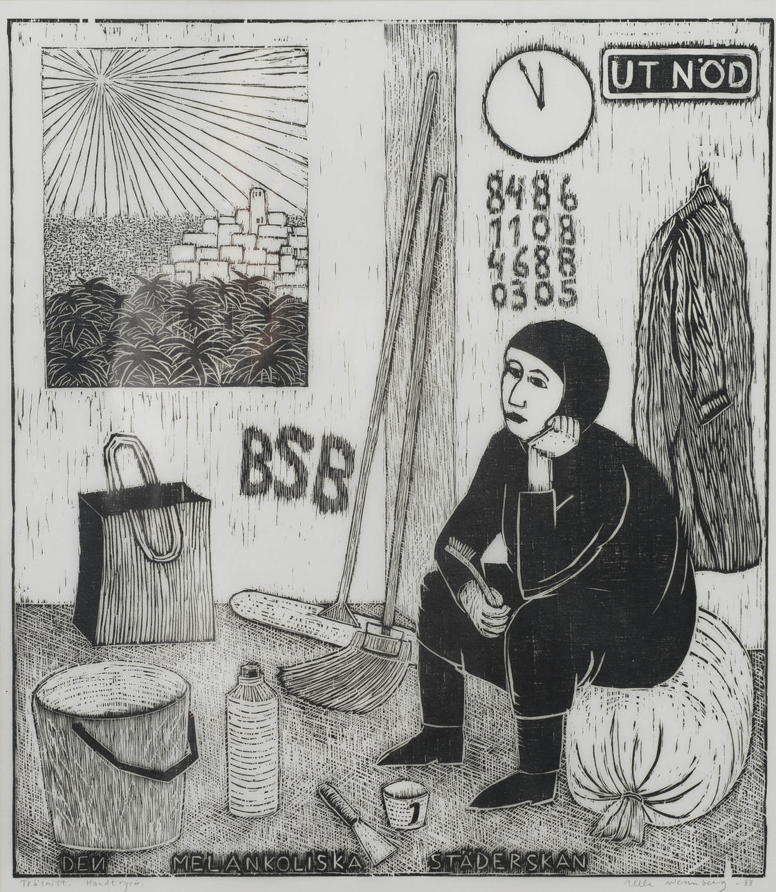 ULLA WENNBERG. "Melankoliska Städerskan", woodcut, signed, dated -88.