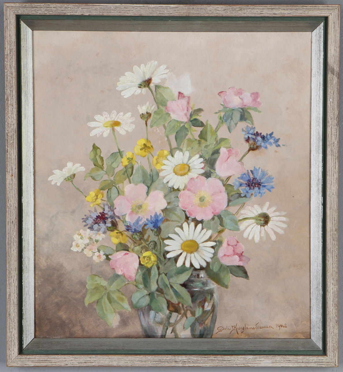 GURLI KUYLENSTIERNA. Blomsterstilleben, olja på pannå, signerad samt daterad 1942.