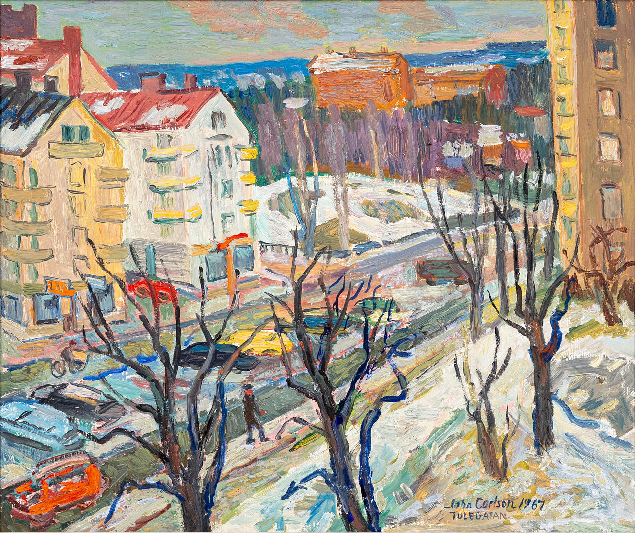 JOHN CARLSON. "Tulegatan", oil on panel, signed, dated, 1967.