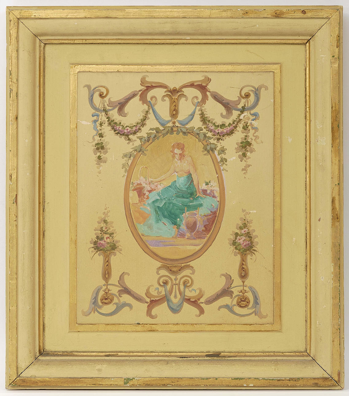 UNBEKANNTER KÜNSTLER. BLANDAT PARTI: OLJA PÅ TRÄ. Antika damer med blommor i kransmedaljonger.