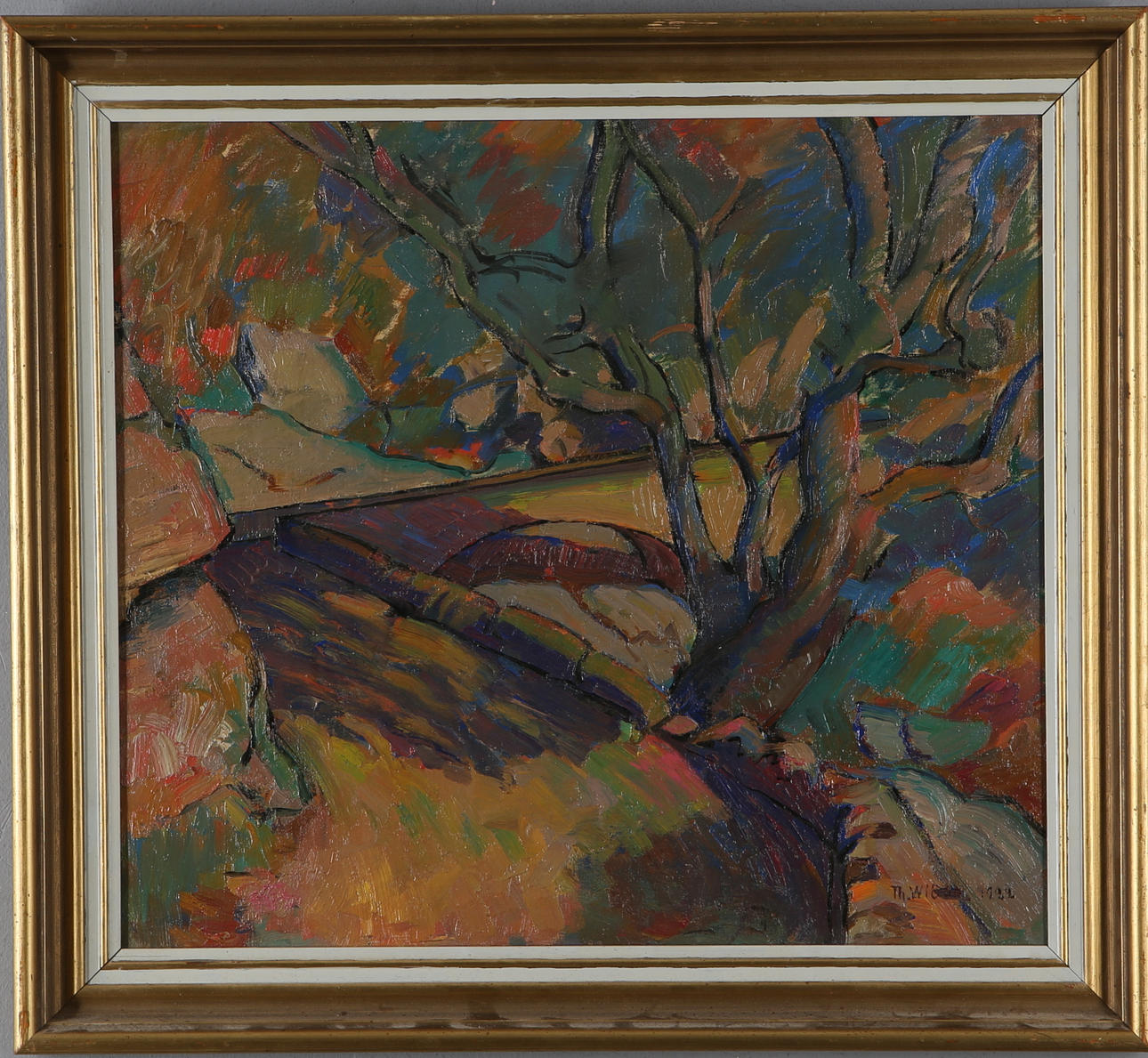 GUSTAV THEODOR WIBOM. Olja på pannå, landskap med bro, signerad och daterad 1922.