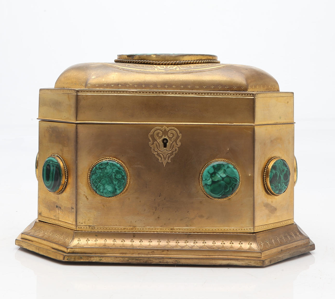 OCTAGONAL jewelry box, probably Russian, in gilt and engraved bronze ...
