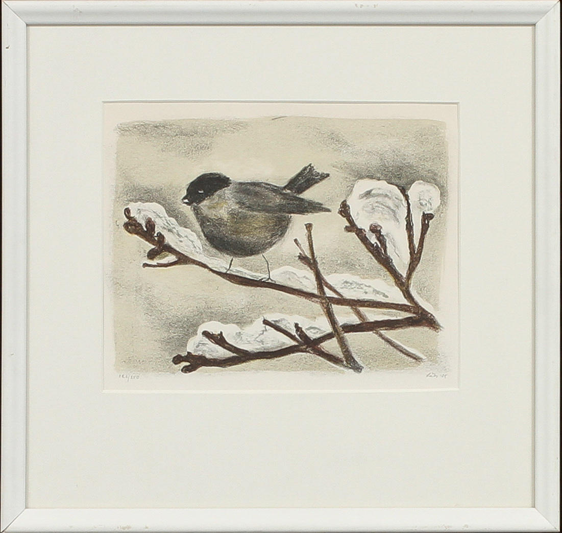 EVY LÅÅS. Fågel på gren, litografi, sign o numrerad 126/250.