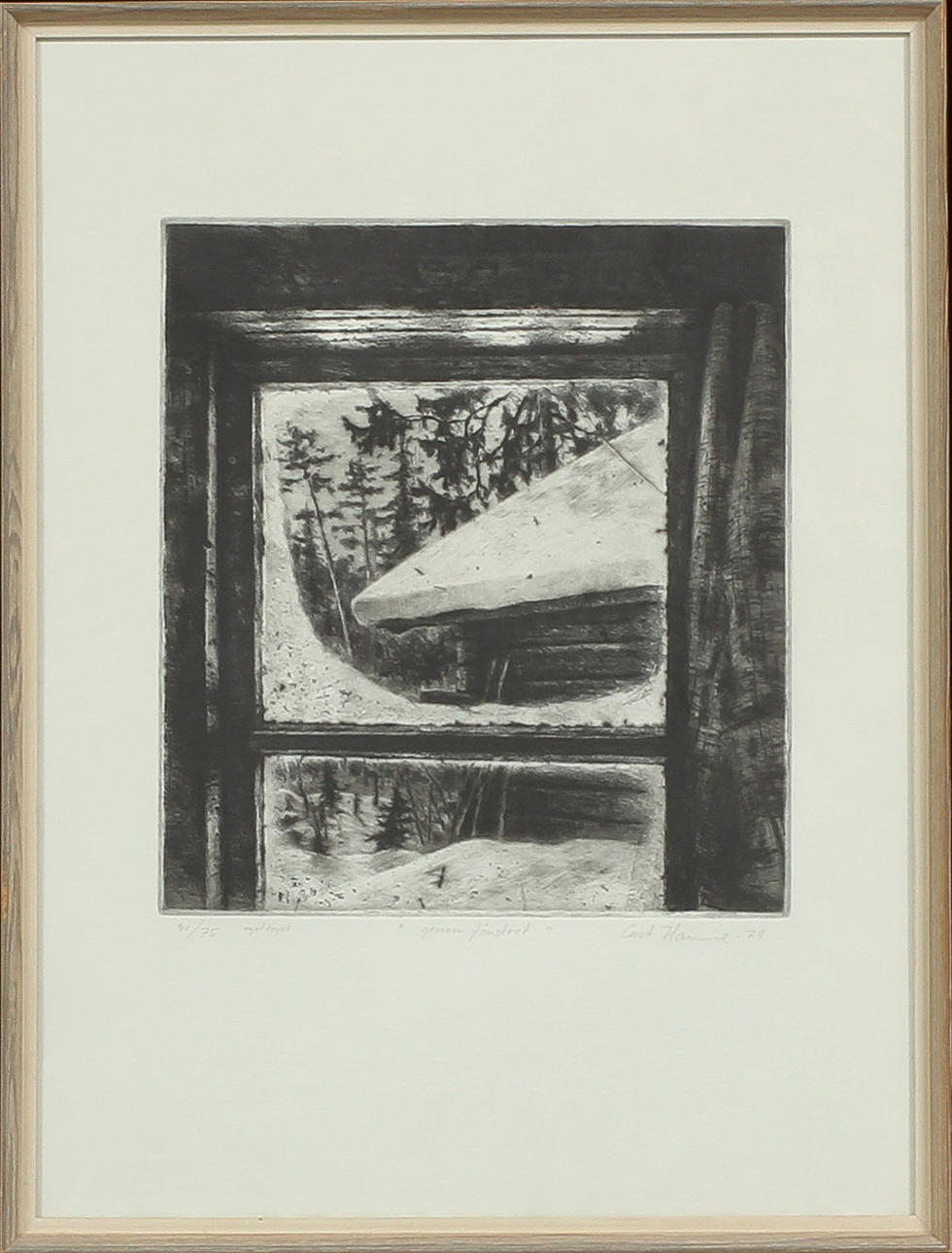 CURT HAMNE. "genom fönstret", etsning, sign o numrerat 41/75 efet tryck.