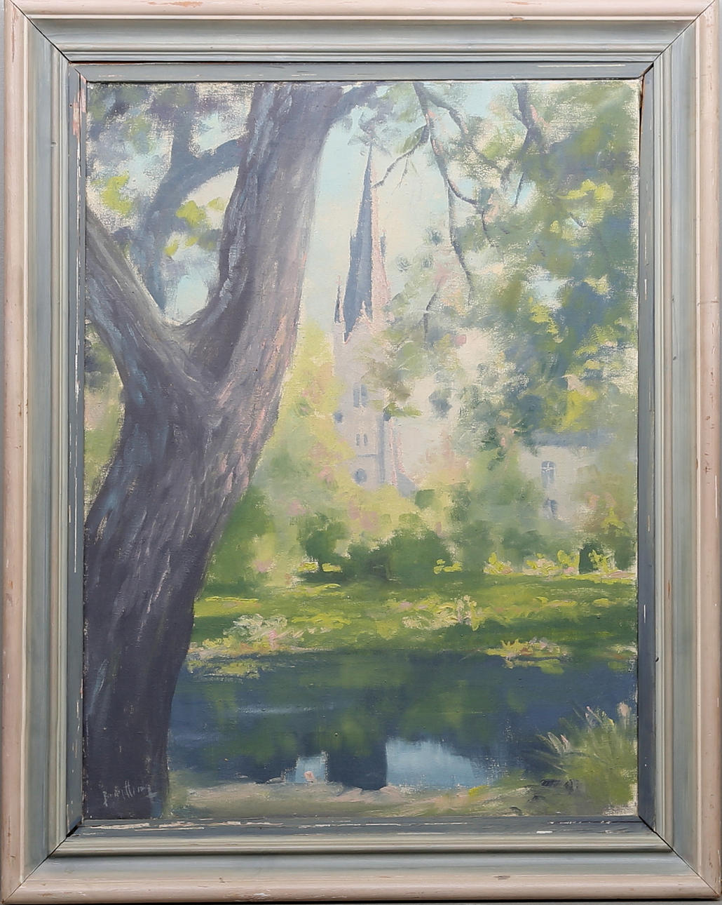 PER BRANTZAEG-SAND. Vy över Linköpings Domkyrka från Slottsparken. Olja på duk. Signerad och daterad.