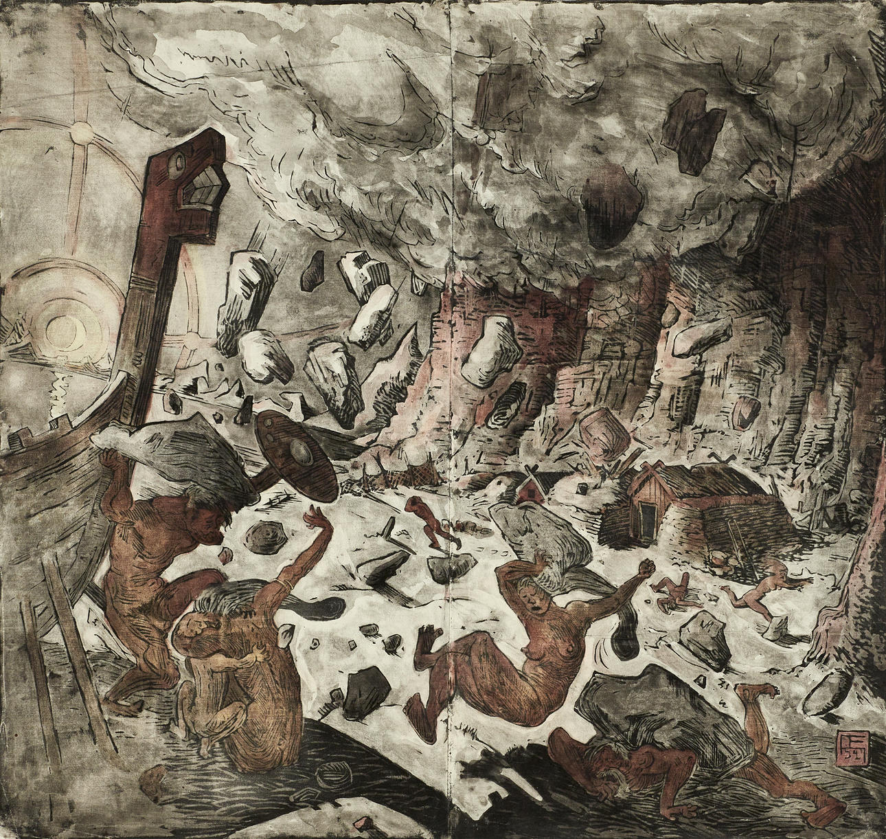 OSSIAN ELGSTRÖM (Sverige, 1883-1950), Ragnarök, monogram OE 27, handkolorerat träsnitt på tyg