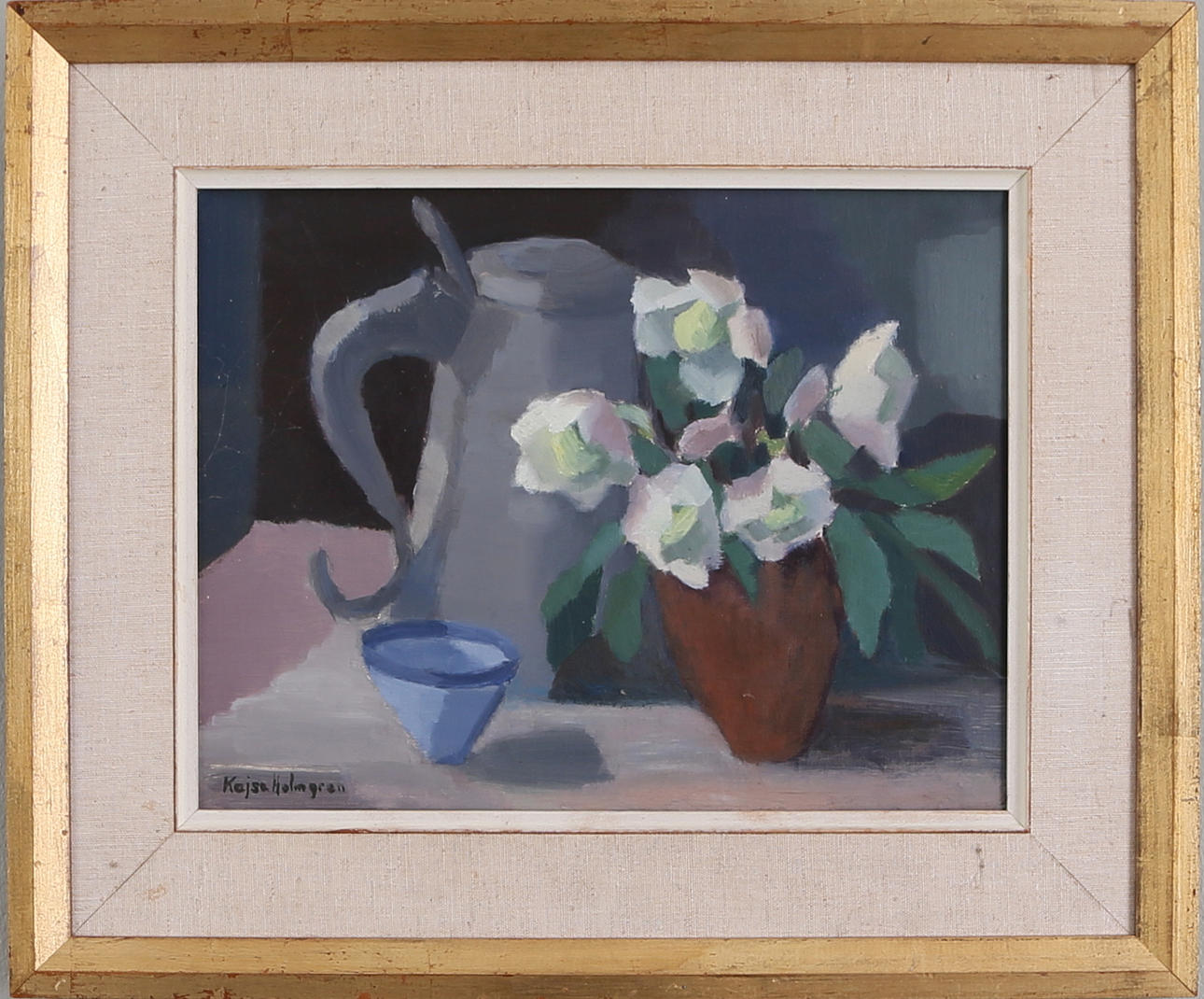 OIDENTIFIERAD KONSTNÄR. Stilleben med blommor, olja på pannå, signerad Kajsa Holmgren.