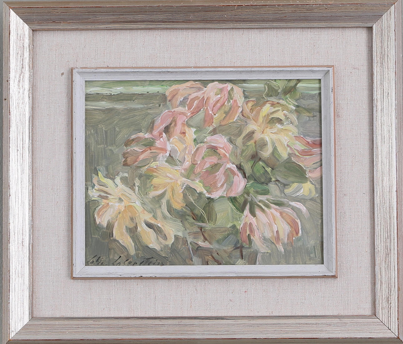 LOTTE LASERSTEIN. Blomsterstilleben med kaprifol, olja på pannå, signerad.