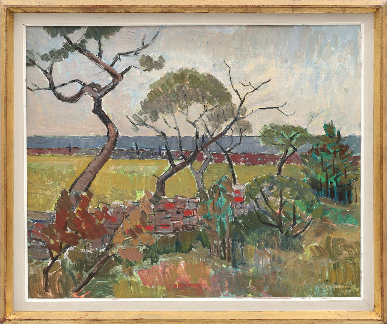 JOHN HAAVS JOHNSON. Landskap med träd, Gotland, olja på pannå, signerad.