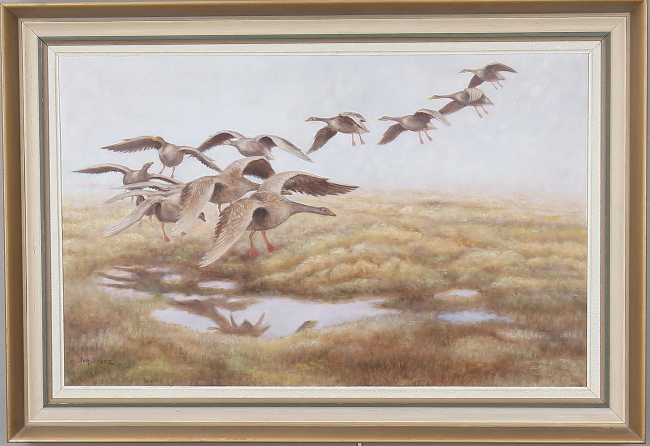 OIDENTIFIERAD KONSTNÄR. Flyttfåglar, olja på duk, signerad Joh. Drotz.