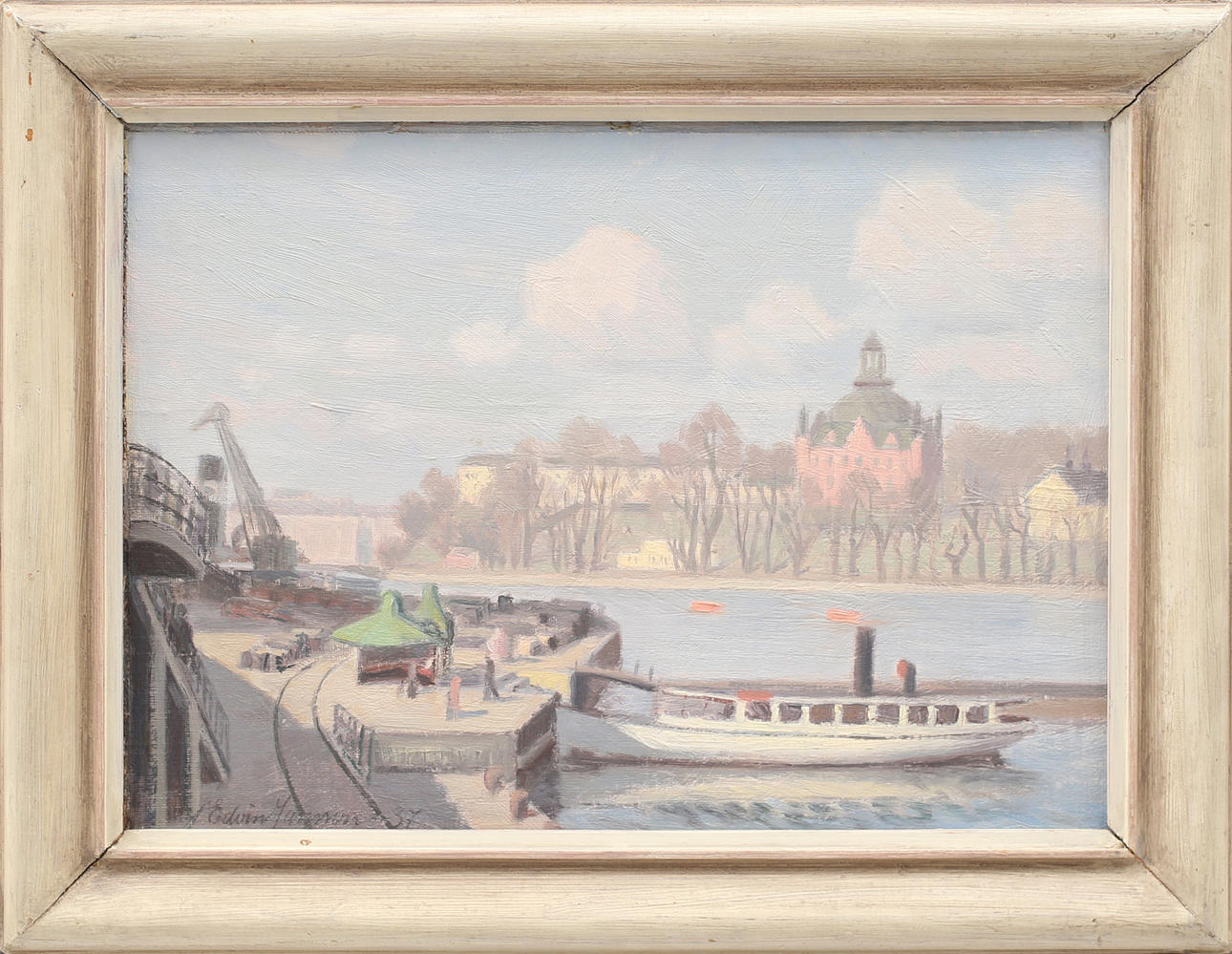EDVIN JANSSON. Djurgårdsfärjan vid Slussen, Stockholm, olja på pannå, signerad och daterad -37.