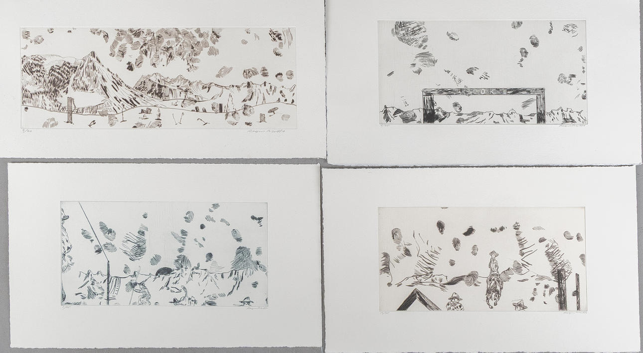 ROGER METTO (FÖDD 1964). Compositions, 4 pieces, drypoints, unframed ...