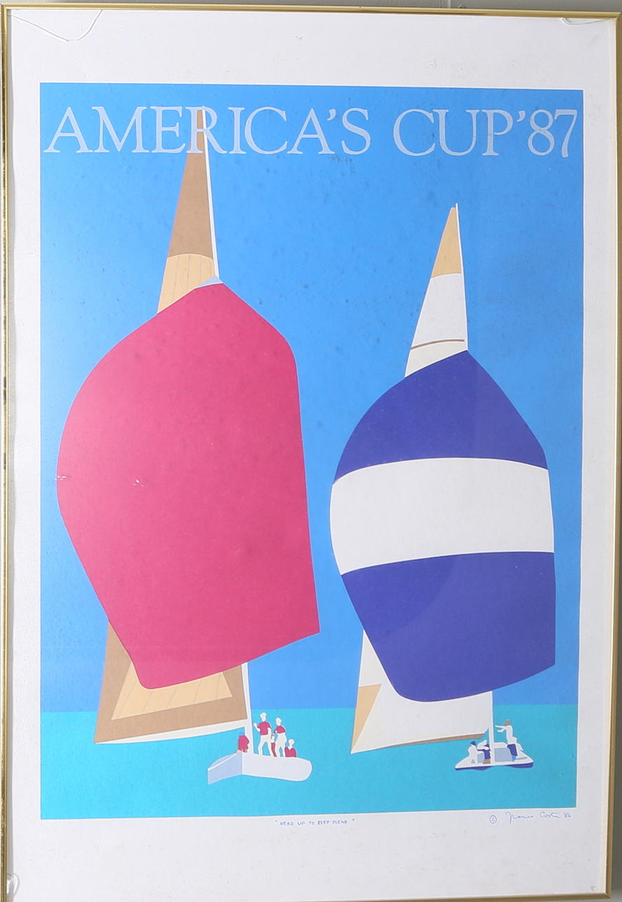 OIDENTIFIERAD KONSTNÄR. "Head up to keep clear", Americas Cup 87, grafiskt blad, Costa och daterad -86.