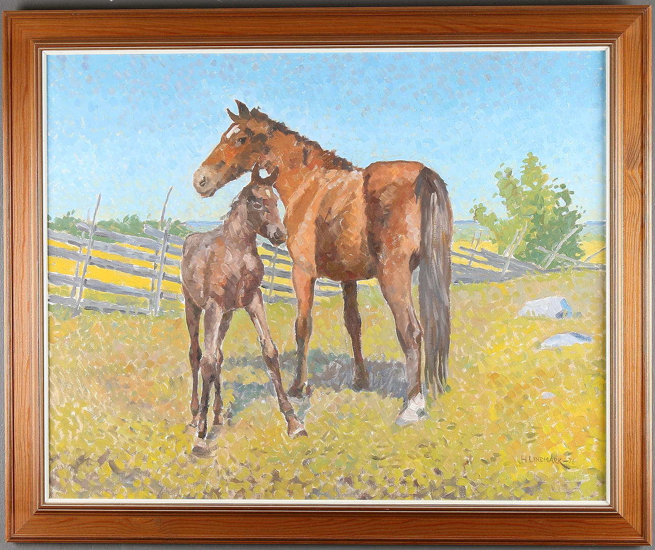 HILDING LINDMARK. Hästar i hage, olja på duk, signerad 1976.