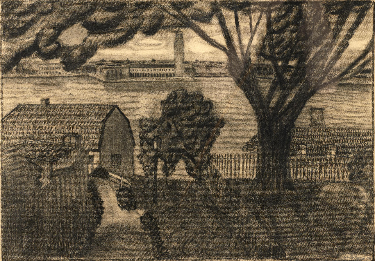 OIDENTIFIERAD KONSTNÄR. View from Södermalm-Stockholm, indistinct signature dated 1944, charcoal.