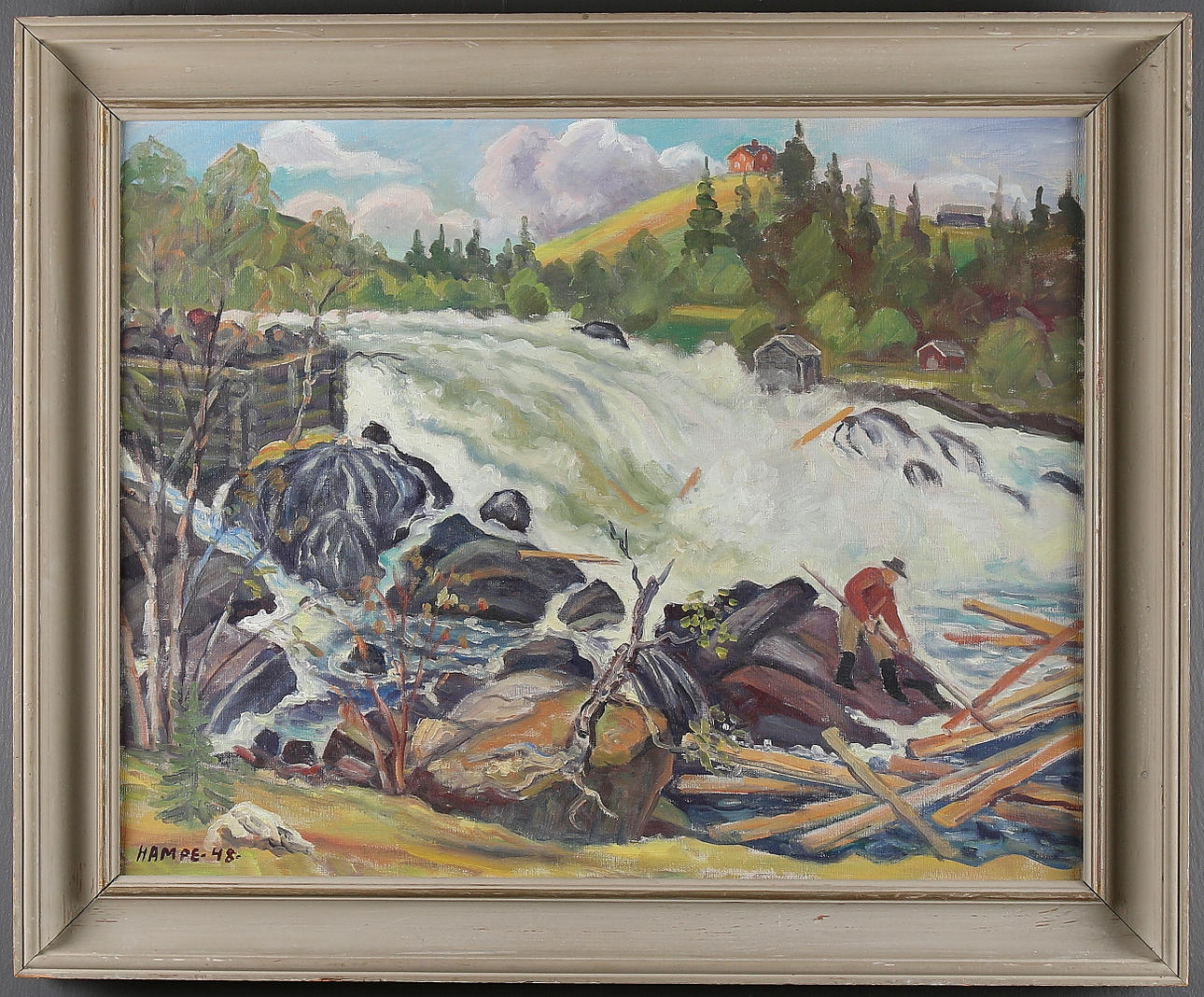 HAMPE SVANBERG. Flottning vid forsen, olja på duk, signerad och daterad -48.