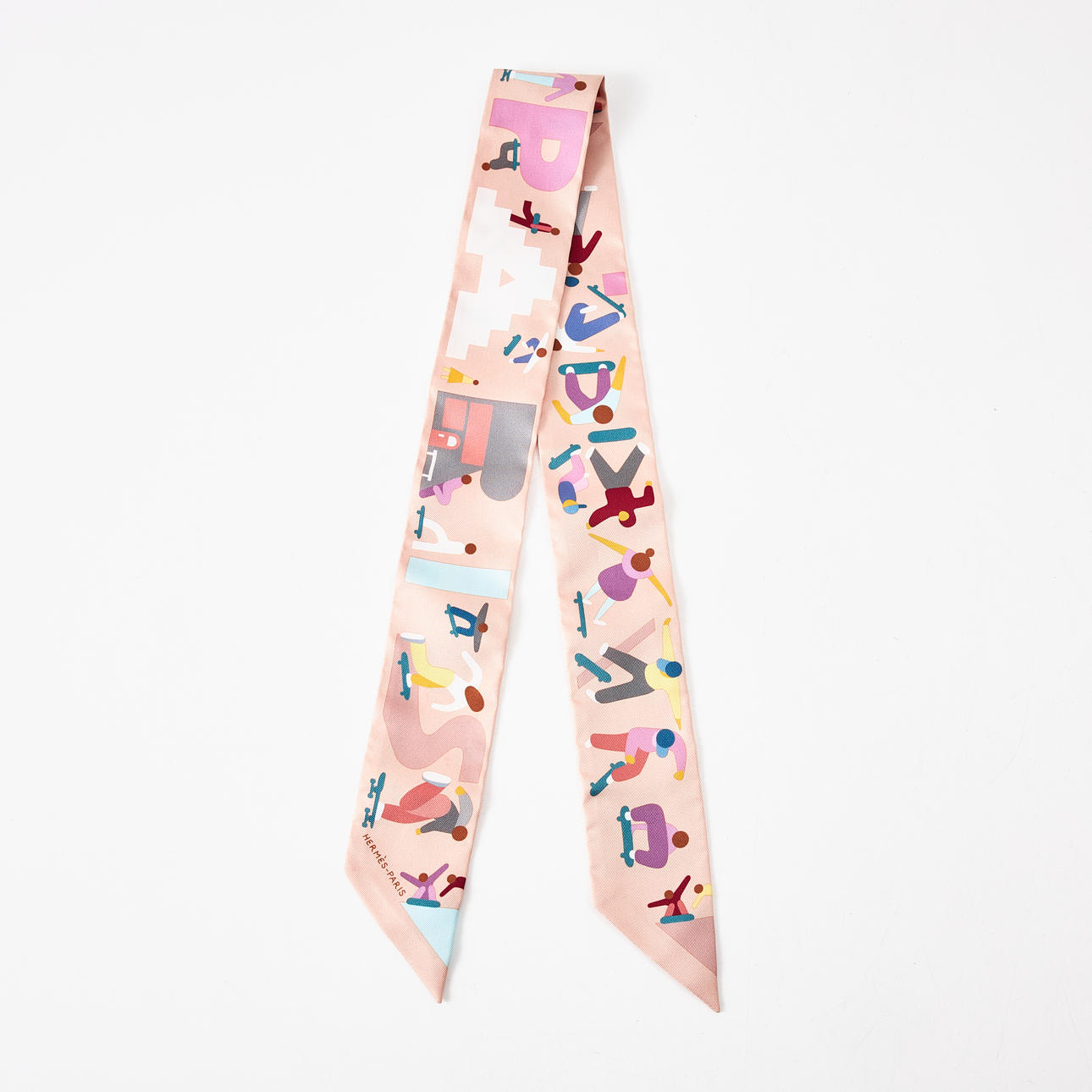 HERMÈS, "Figures Libres", Twilly, Seide, polychrome Farben auf hellrosa Grund, Designer Geoff McFetridge.