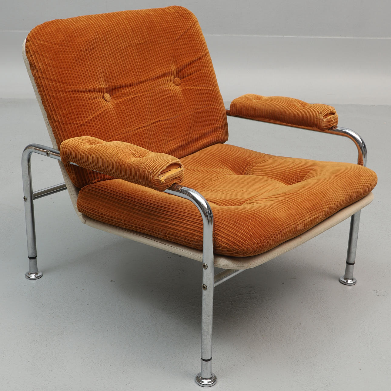 FÅTÖLJ, krom & textil, 1970-tal.