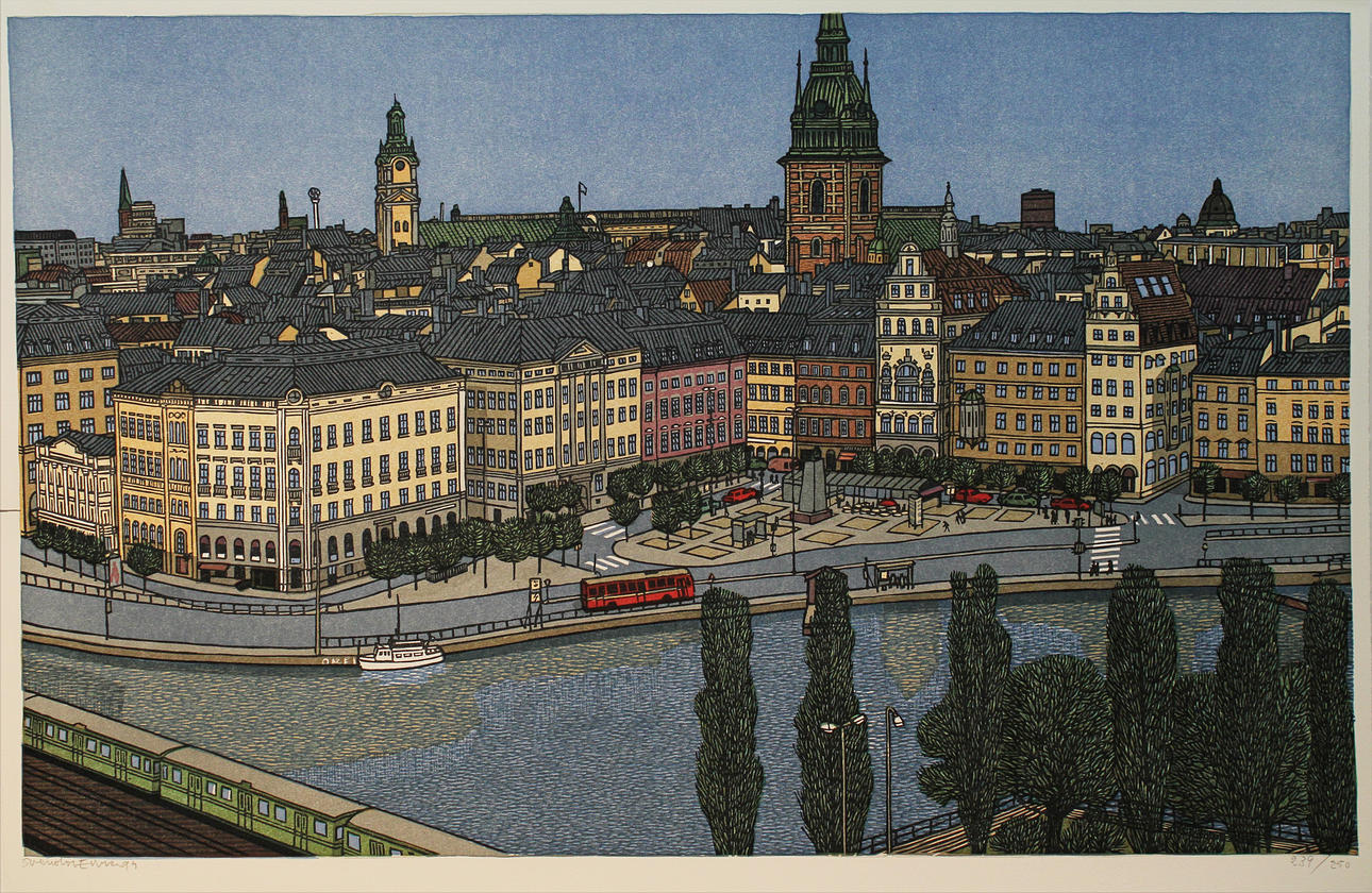 SVENOLOV EHRÉN. Kornhamnstorg, Stockholm. Färglitografi. Signerad och daterad -94. 239/250.