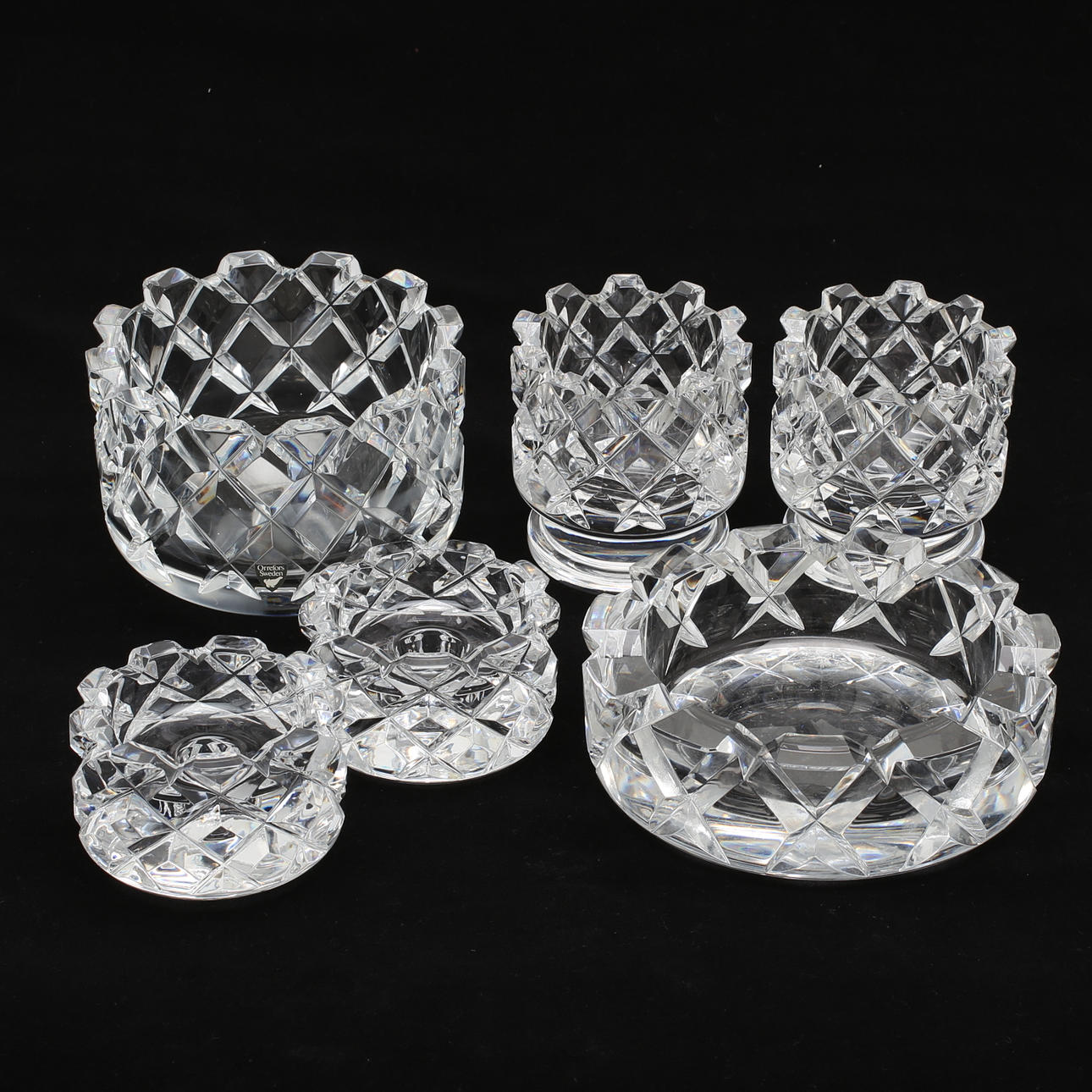 SKÅLAR, LJUSSTAKAR, 6 delar, slipad kristall, "Sofiero", Gunnar Cyrén, Orrefors.