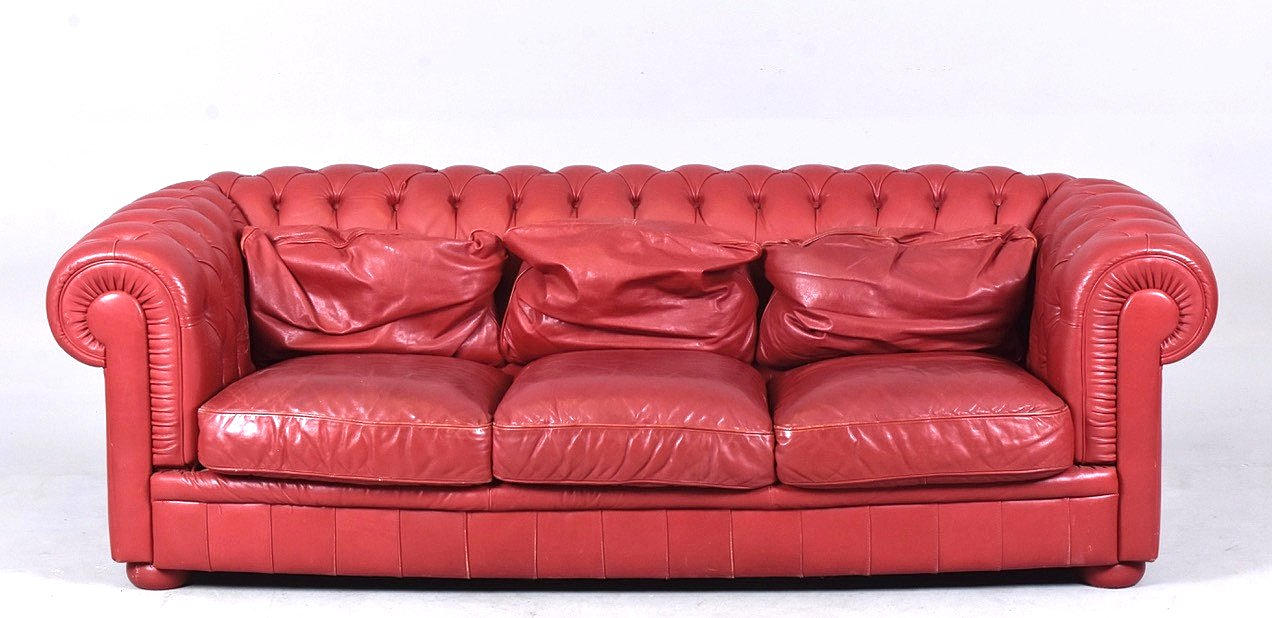 SOFFA, rött läder, 3-sits, Chesterfieldmodell.