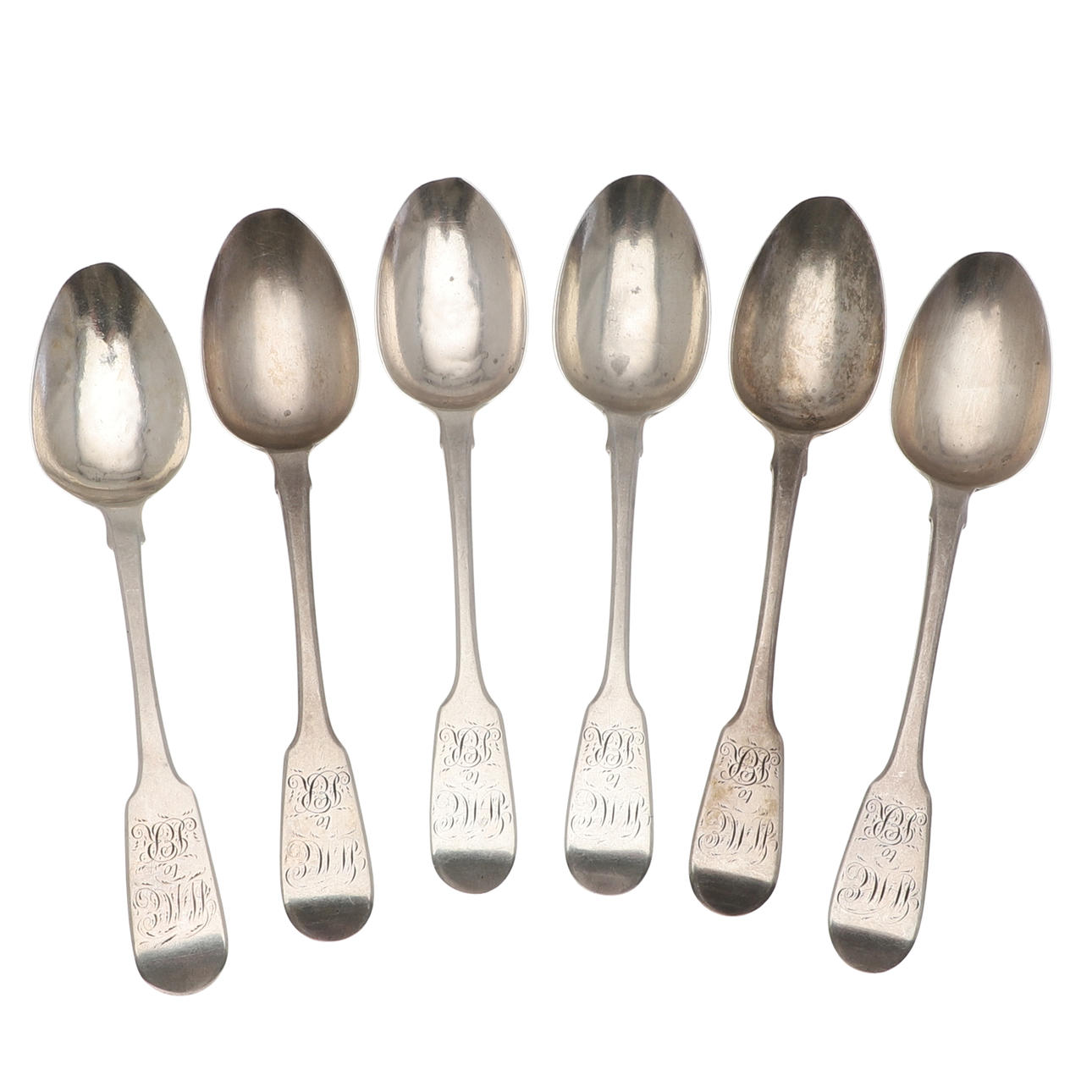 A NEAR SET OF SIX GEORGE IV SILVER FIDDLE PATTERN TEASPOONS. Silver ...