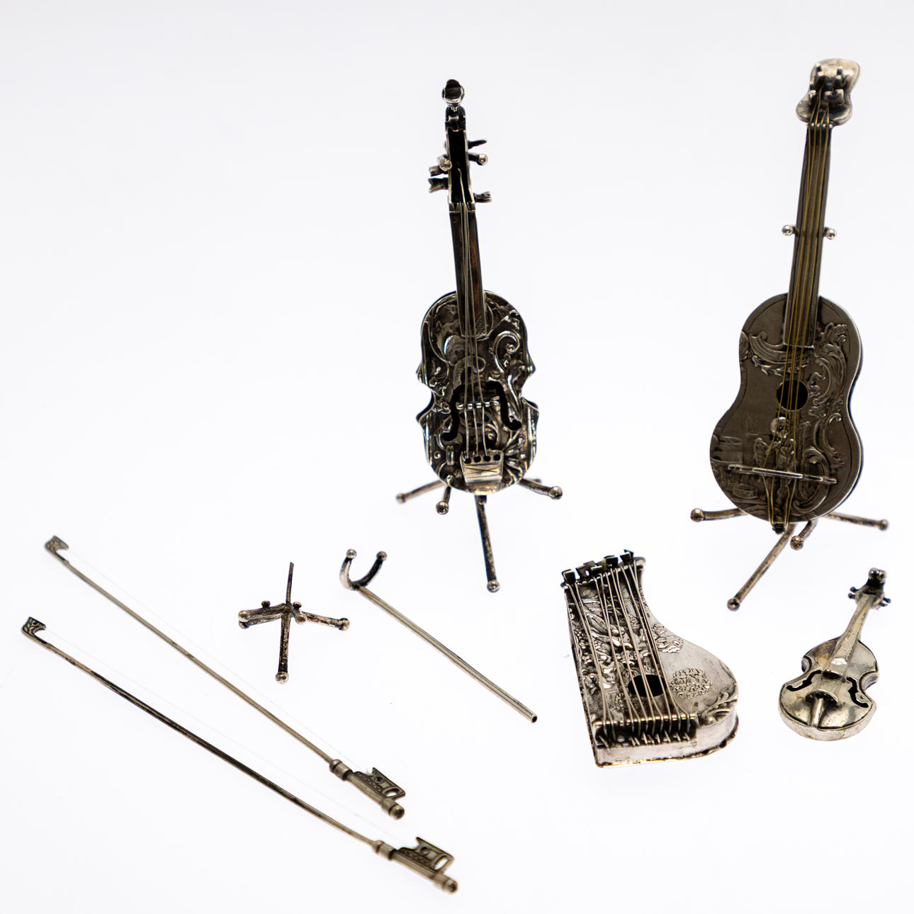Four miniature musical instruments, silver, Netherlands et al., 19th ...