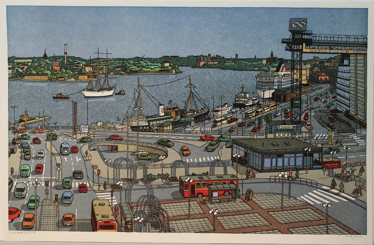 SVENOLOV EHRÉN. Slussen, Stockholm. Färglitografi. Signerad och daterad -94. 239/250.